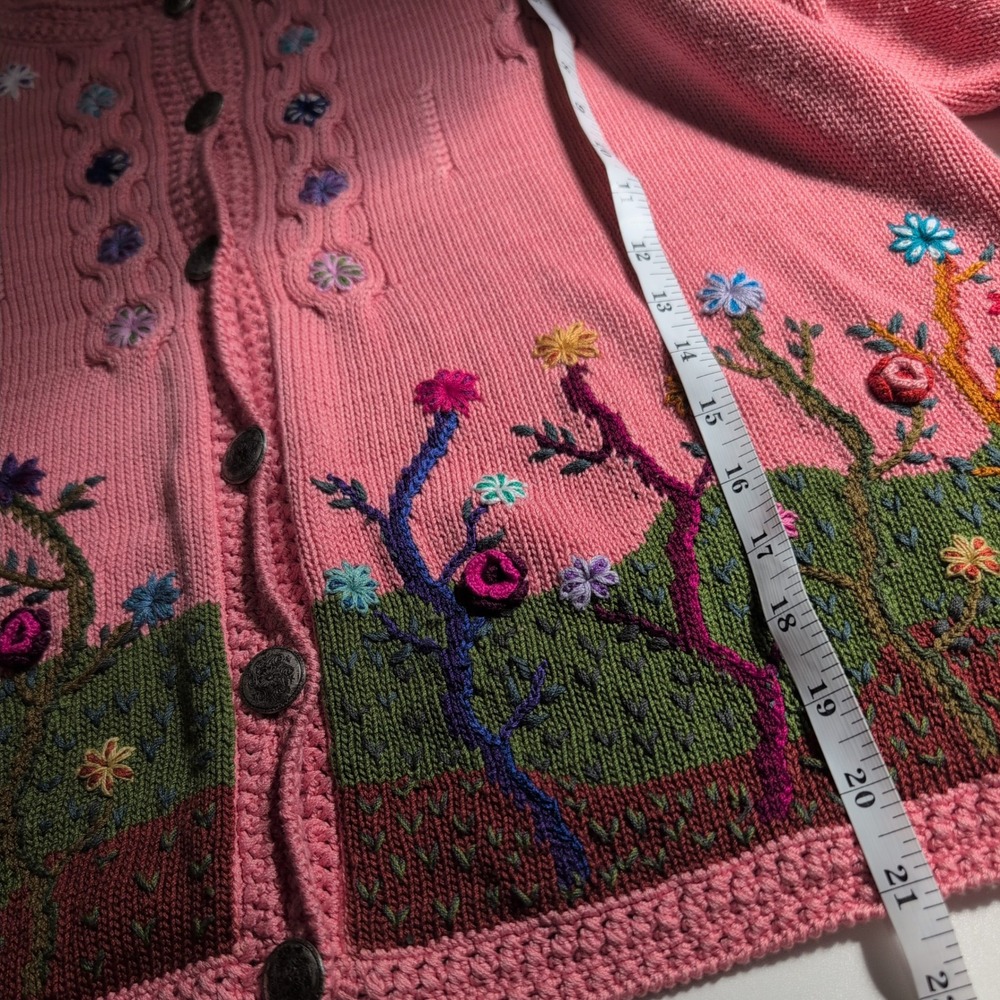 Vintage Caamano Pink Handknit Pima Cotton Floral Garden Cardigan Large - Picture 9 of 10